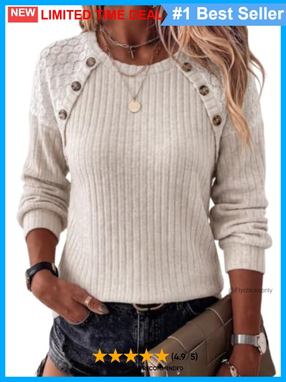 Knitted Pullover Sweater Long Sleeve Crew Neck Button Detail